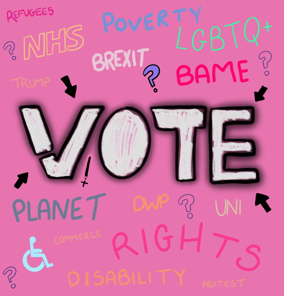 A pink image with the main word saying 'Vote'. The words around that are multicoloured saying 'refugees', 'NHS', 'Poverty', 'Brexit', 'LGBTQ+', 'BAME', 'Planet', 'DWP', 'Uni', 'Commerce', 'Rights', 'Disability', 'Protest. There are question marks, arrows and a disability symbol.